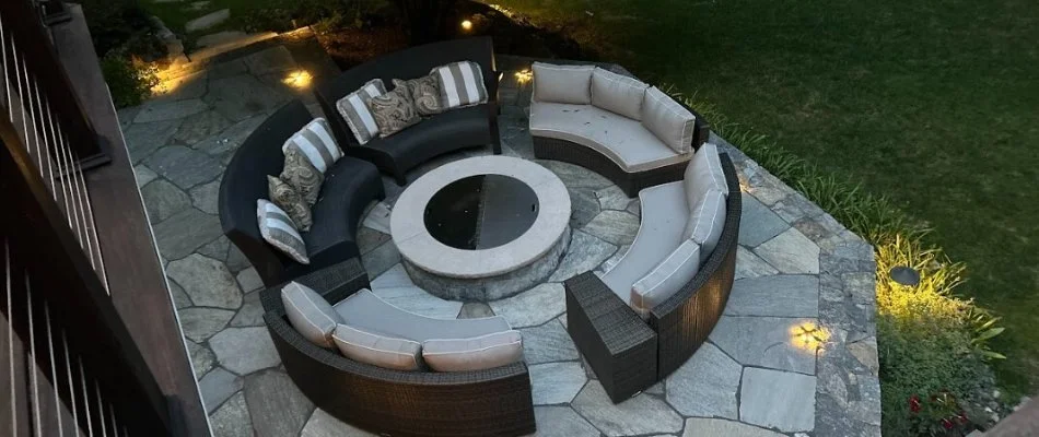 Aerial view of patio and outdoor furniture in Greenburgh, NY.